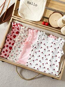 SHEIN Vintaside Kids 3件組女嬰夏季休閒套裝 可愛白色與粉色素色 & 條紋上衣 荷葉邊袖 舒適度假出遊日常穿搭 - 粉色 - 查看 2