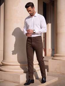 Officeau Celana Kasual Pria Warna Polos dengan Saku Miring, Serbaguna, Musim Gugur - Coffee Brown - View 5