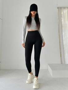 DAZY Solid Color High Waisted Leggings Fall Tights - Black - View 13