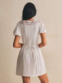 Poéselle Women's Embroidered Collar Cotton Mini Dress Puff Sleeve A-Line Summer Vintage Fairycore Modest Elegant Cottagecore Sundress Brunch Vacation - White - View 6