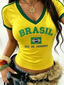 Rovax 女款 Y2K 巴西印花短版上衣，V 領短袖修身 T-shirt，復古「BRASIL RIO DE JANEIRO」圖案 T-shirt，適合夏季海灘、休閒街頭穿搭與度假造型 - 彩色 - 查看 4