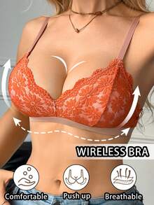 SHEIN 1件女士蕾絲無鋼圈內衣 - 亮橙色 - 查看 3