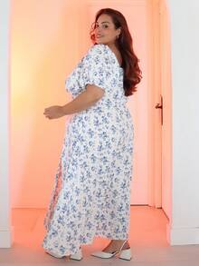 Pretty and Ole 大尺碼女款夏季度假花卉印花前綁帶短泡泡袖側開衩裙襬優雅白色長洋裝度假穿搭 - 白色 - 查看 3