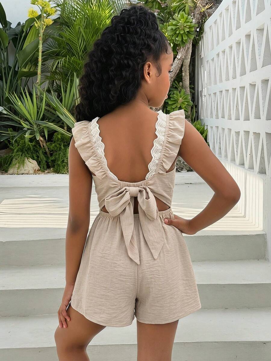 SHEIN Mono de manga corta con lazo en la espalda, color albaricoque, casual para uso diario y vacaciones, para niñas preadolescentes - Albaricoque - Ver 1