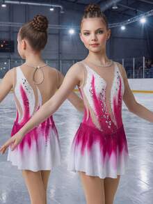 Tween Girls Figure Skating Dress, All-Over Print Pattern Design, Suitable For Team Competitions And Daily Training. High-Elasticity Fabric, Mesh Hem, Flowy And Graceful During Movement. - Pink - View 2