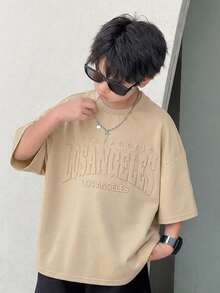 青少年男孩休閒簡約針織卡其色短袖3D壓花字母Y2K圖案套頭圓領T恤，適合返校、外出、聚會、度假、春夏季 - 卡其色 - 查看 3