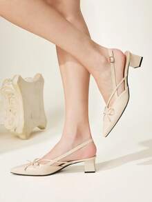 CUCCOO CHICEST Apricot Oily Leather Pointed Bow Slingback Thick Heel Sandals, Workplace Commuting Temperament Shoes - Avocado apricot - View 4