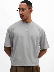 SUMWON Oversized Box Fit Crew Neck T-Shirt With SM71 Back Embroidered Logo Print Casual Streetwear Top - Grey - View 5