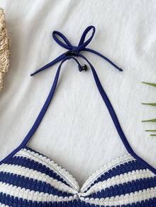 SHEIN Conjunto de 2 piezas de top de tirantes finos y camisola de tela de punto a rayas azules y blancas, estilo bohemio elegante y tropical chic, para niña preadolescente, atuendo casual de playa para vacaciones, primavera/verano, primavera, festival de música - Azul - Ver 3