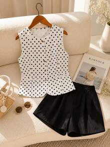 SHEIN XT26211 Bộ 2 món áo gile & quần short thường ngày phong cách Old Money mùa hè cho thanh thiếu niên, trang phục đi chơi thoải mái phù hợp mặc đi làm hàng ngày và đi nghỉ lễ - Đen và trắng - Xem 5