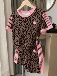 SHEIN 2pcs Vintage Leopard Print & Striped Round Neck Short Sleeve T-Shirt And Shorts Set,Young Girls Casual Outfit For Summer Daily,Holiday,School,Sports - Multicolor - View 3
