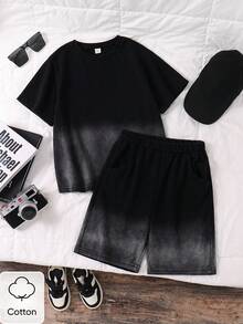 SHEIN 男童(大碼)街頭風休閒雪花紮染圓領短袖T恤與短褲2件組，夏季套裝，優雅穿搭，適合外出、度假、觀光、拍照，2026春夏新款時尚，日常、校園及其他場合 - 灰色 - 查看 8
