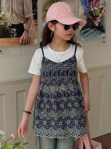 Dazy Kids 青少年女孩刺繡度假百搭細肩帶背心 夏季款 - 藏蓝色 - 查看 3