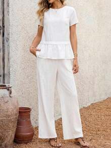EMERY ROSE Women's Solid Color Cotton Linen 100 Round Neck Casual Simple Ruffled Top And Trousers Two-Piece Set Vacation All White Women's Two-Piece Casual Wear - White - View 5