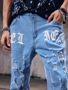 Men Cotton Letter Graphic Ripped Jeans Men's Ripped Jeansemo - Light Wash - View 1