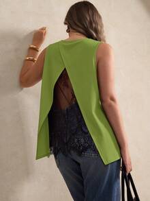 Elegantrix Áo tank top nữ size lớn phong cách Pháp thanh lịch, không tay, phối patchwork lưng, gợi cảm, xuyên thấu bằng lưới thêu, phù hợp mặc hàng ngày và đi làm - màu xanh lá - Xem 4