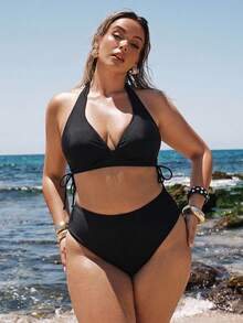 SHEIN BAE Conjunto de Bikini Talla Grande para Vacaciones de Verano en la Playa con Cuello Halter y Cordón Lateral - Negro - Ver 5
