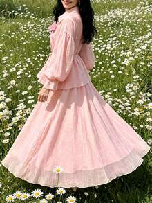 Modelyn Premium Pleated Yellow 3D Floral Tie Waist Lantern Sleeve Blouse & Elastic Waist Flared Skirt, Romantic Gentle Slimming Women's 2-Piece Set - Pink - View 6