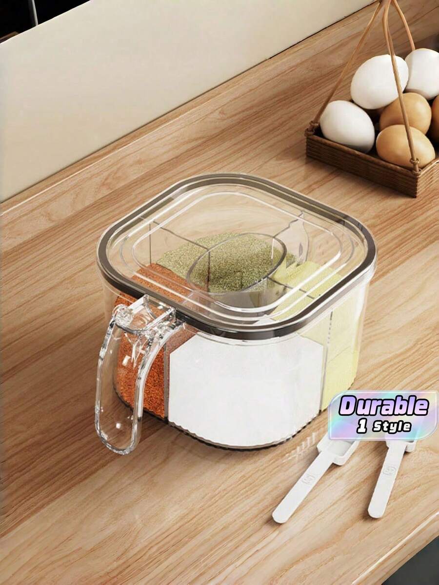 1pc Multi-Compartment Seasoning Box With Lid, Transparent Spice Jars For Salt, Pepper, Monosodium Glutamate, Kitchen Condiment Storage Container With Spoon - Black (with 4 spoons) - View 1