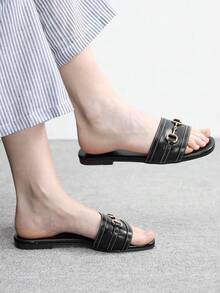 CUCCOO BIZCHIC 女士黑色/棕色金色搭扣凉拖鞋，撞色缝线平底拖鞋，休闲夏季日常鞋 - 黑色 - 查看 3