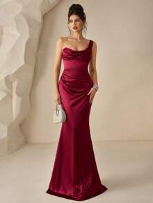 Coutiva Elegant Satin Asymmetric Off-Shoulder Fitted High Slit Mermaid Long Dress, Suitable For Wedding Guests, Banquets, Parties, Formal Occasions - Burgundy - View 4