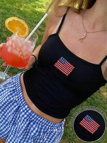 Sundraya Women's Summer Independence Day Black American Flag Tube Bead Embroidery Cami Top 2026 - Black - View 1