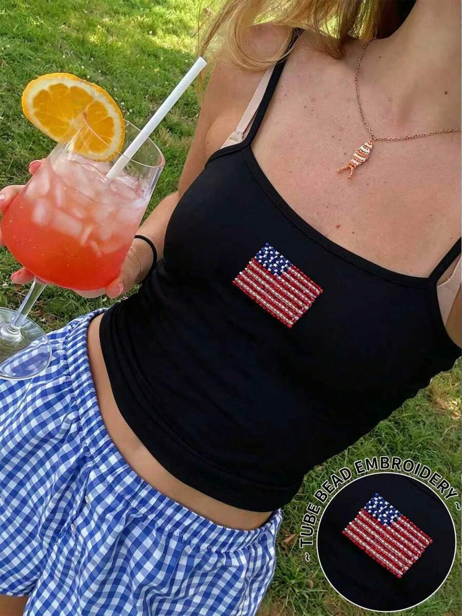 Sundraya Women's Summer Independence Day Black American Flag Tube Bead Embroidery Cami Top 2026 - Black - View 1