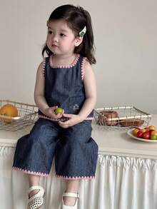 Hapijoa 嬰兒/女嬰裝飾飾邊拼接韓風無袖上衣與寬鬆寬腿牛仔褲夏季套裝 - 藍色 - 查看 1