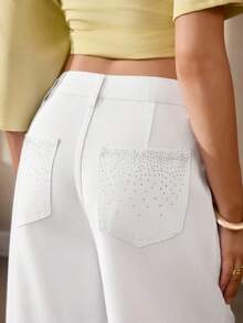 Selenza Quần jeans ống rộng màu trơn đính đá, đa năng, thoải mái cho nữ, thích hợp đi làm hàng ngày. - trắng - Xem 4