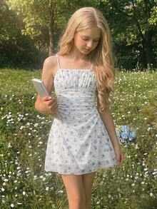 SHEIN Tween Girl Spring/Summer Spaghetti Strap High Waist Pleated Floral Print Dress - Blue - View 3