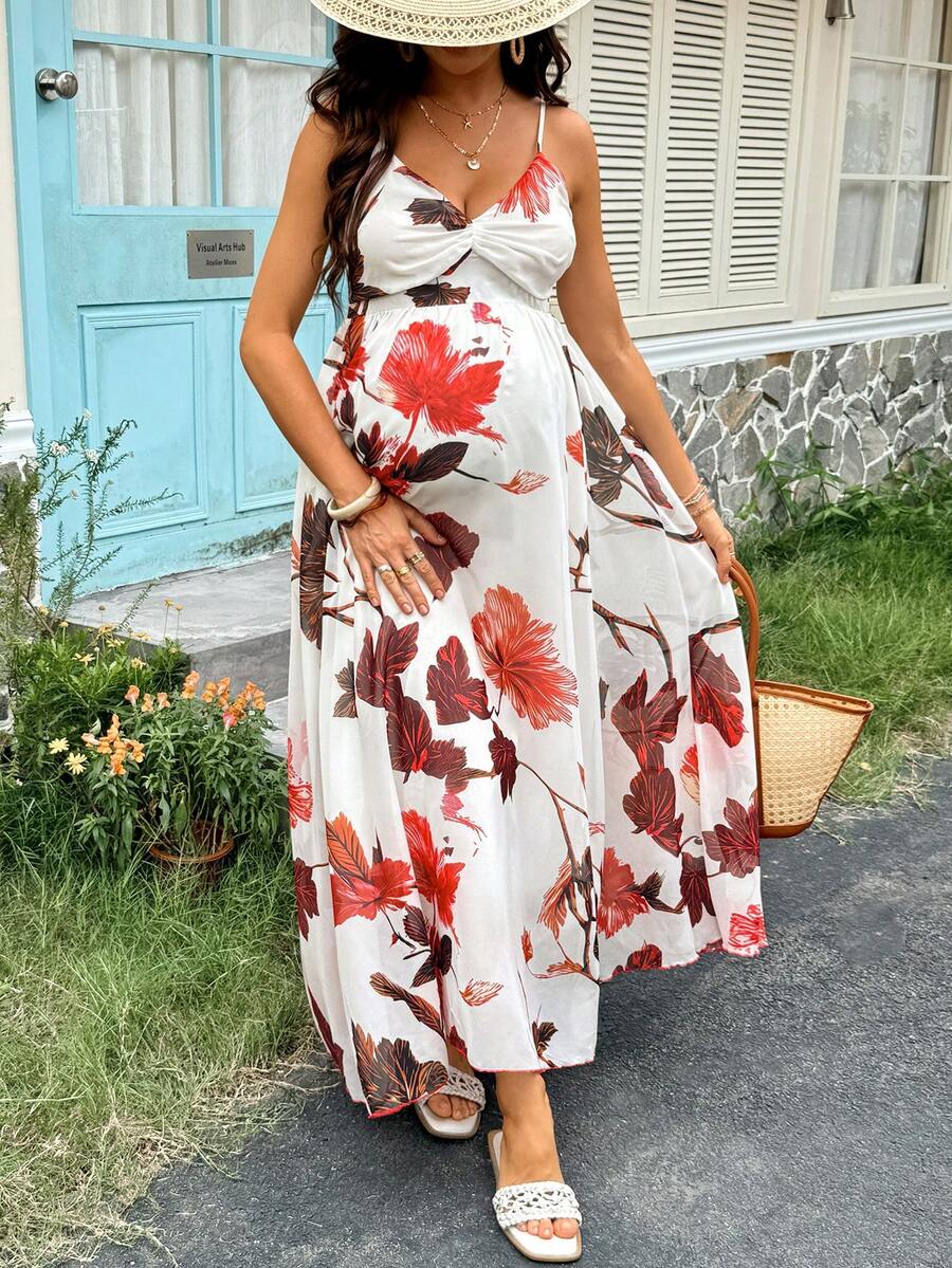 SHEIN 孕婦細肩帶露肩高腰花卉印花扭結洋裝 - 彩色 - 查看 1