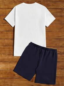 Manfinity RebelGame Men's Casual Solid Color Tree Pattern Crew Neck Short Sleeve T-Shirt And Drawstring Waist Shorts Set - Blue - View 2