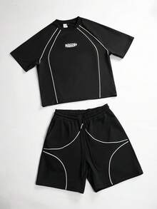 Captain Tsubasa X SHEIN STYNVO Men's Casual Fashion Street Daily Commute Letter & Football Print Contrast Piping Raglan Short Sleeve T-Shirt And Drawstring Waist Shorts Set, Summer - Black - View 8