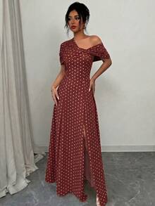 SHEIN Elenzya 不對稱領口 抽褶腰身 A字版型 優雅浪漫女款洋裝 - 彩色 - 查看 3
