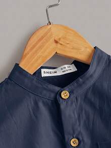 SHEIN Tween Boy Solid Color Long Sleeve Single Breasted Casual Pocket Shirt - Navy Blue - View 4