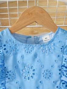 SHEIN Young Girl White Solid Color Dress With Round Neck And Ruffled Sleeves For Summer,Holiday,Summer,Travel - Blue - View 4