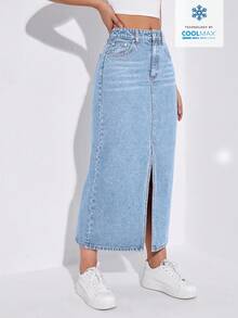 SHEIN ICON 日常經典水洗高腰口袋剪裁牛仔長裙 - 藍色 - 查看 1