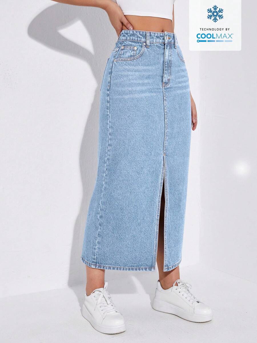 SHEIN ICON 日常經典水洗高腰口袋剪裁牛仔長裙 - 藍色 - 查看 1
