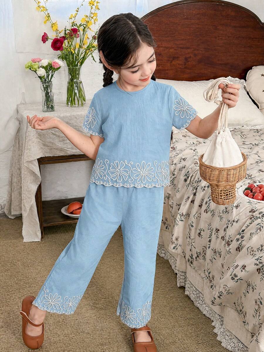 LMoss Kids 少女花卉刺绣圆领短袖衬衫和裤子休闲日常穿搭 - 藍色 - 查看 1
