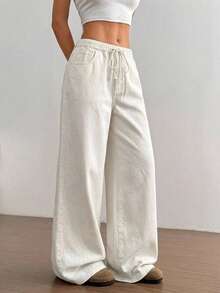 SHEIN Jeanoir Women's Casual Solid Color Drawstring Waist Slant Pocket Straight Leg Jeans - White - View 5