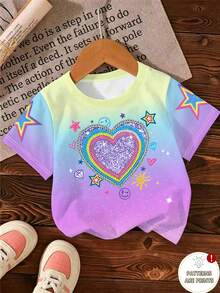 1pc Girls Rainbow Gradient Rhinestone Heart & Star Print Crew Neck Short Sleeve T-Shirt, Casual Summer Top For Daily Wear And Outings - Multicolor - View 3