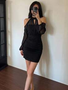 DAZY Women's Mini Dress For Back To School Sheer,Fall Dress Long Sleeve Dress - Black - View 14