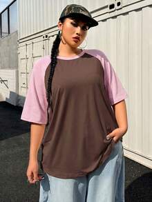 Muchica Camiseta Talla Grande Verano Básica Casual Manga Raglán Multicolor Patchwork Manga Corta Ajuste Holgado - Café integral - Ver 5