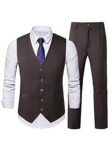 Manfinity Mode Men's Minimalist Button Vest Blazer With Pocket & Casual Long Pants Suit Set, Formal - Brown - View 5