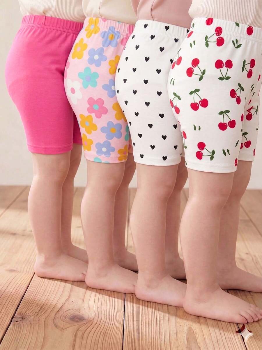 4 buah celana pendek anak perempuan, kasual, serbaguna, lembut, lucu, motif bunga, ceri dan hati, celana pendek warna fuchsia polos, cocok untuk pakaian kasual musim semi dan musim panas, celana pendek motif manis dan lucu multiwarna serbaguna, cocok untuk musim panas. - MultiWarna - View 1