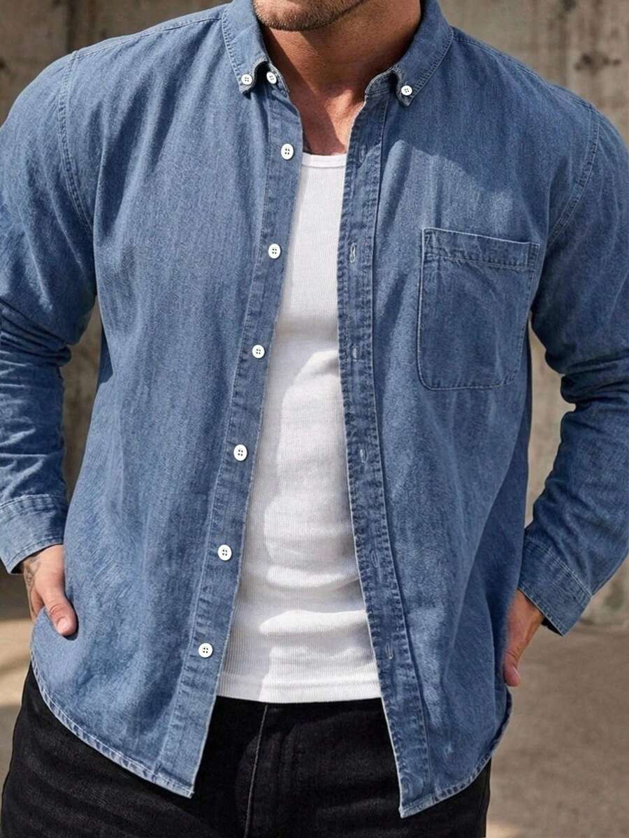 DAZY Blue Washed Distressed Long Sleeve Thin Fit Plus Size Men's Denim Shirt Fall - Blue - View 1