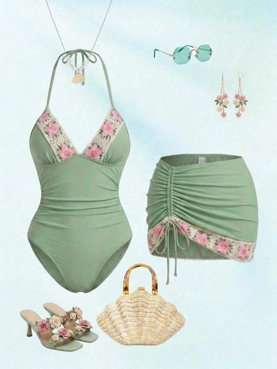Swim Oasis 女士花卉刺绣吊带连体泳衣配荷叶边罩裙套装 - 綠色 - 查看 1