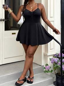 Muchica Combinaison sans manches pour femmes grandes tailles, couleur unie avec poches, tenue une pièce - Noir - Voir 8