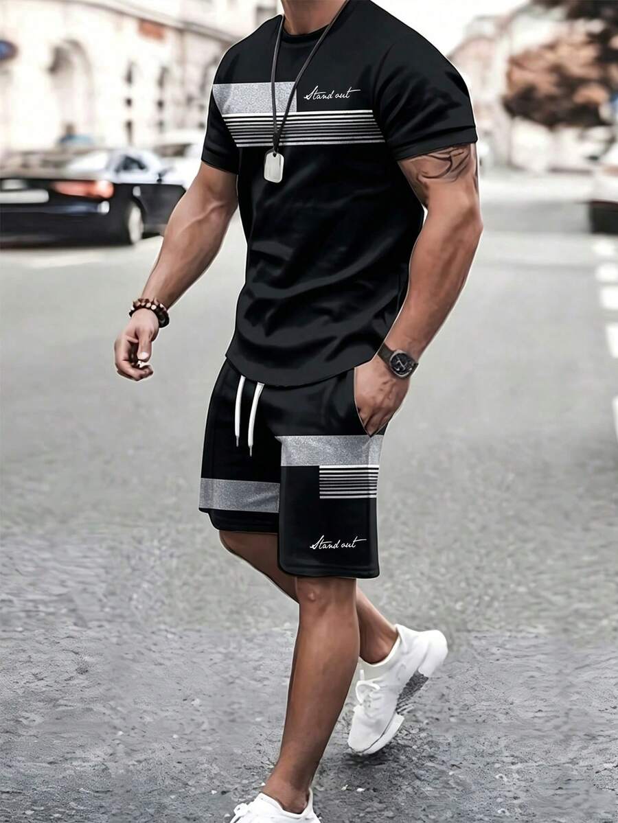 Gym Rark Men's Letter Print Short Sleeve Top And Drawstring Waist Shorts Casual Daily Sports Suit, Gym - Multicolor - View 1