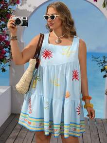 Vivid Eden Plus Size Women's Summer Casual Beach Vacation Style Shell & Starfish Striped Print Square Neck Ruffle Hem Sleeveless Dress - Blue - View 6